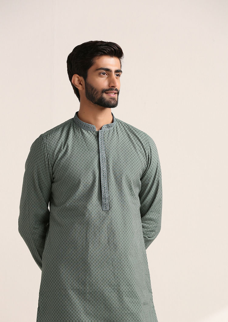 Twamev Men Gossamer Green Jacquard Patterned Kurta Set image number 1