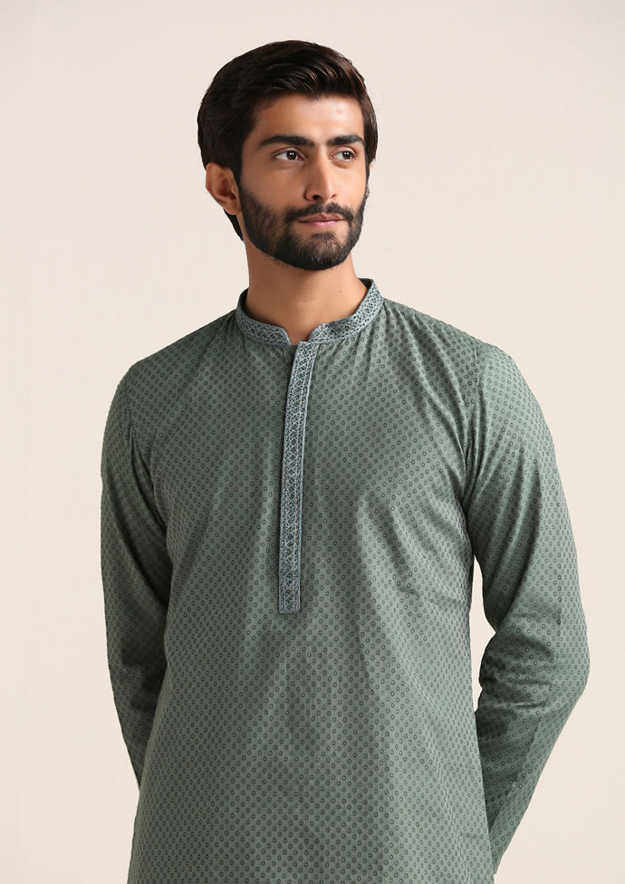 Twamev Men Gossamer Green Jacquard Patterned Kurta Set