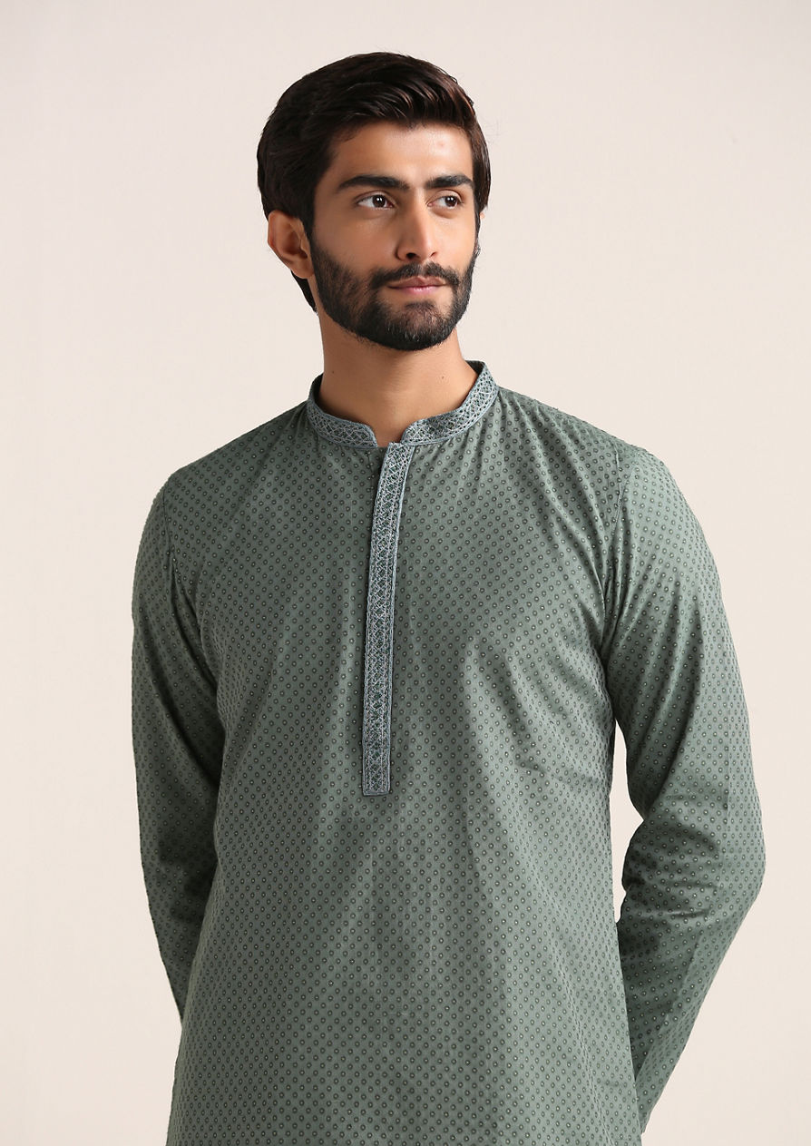 alt message - Twamev Men Gossamer Green Jacquard Patterned Kurta Set image number 0