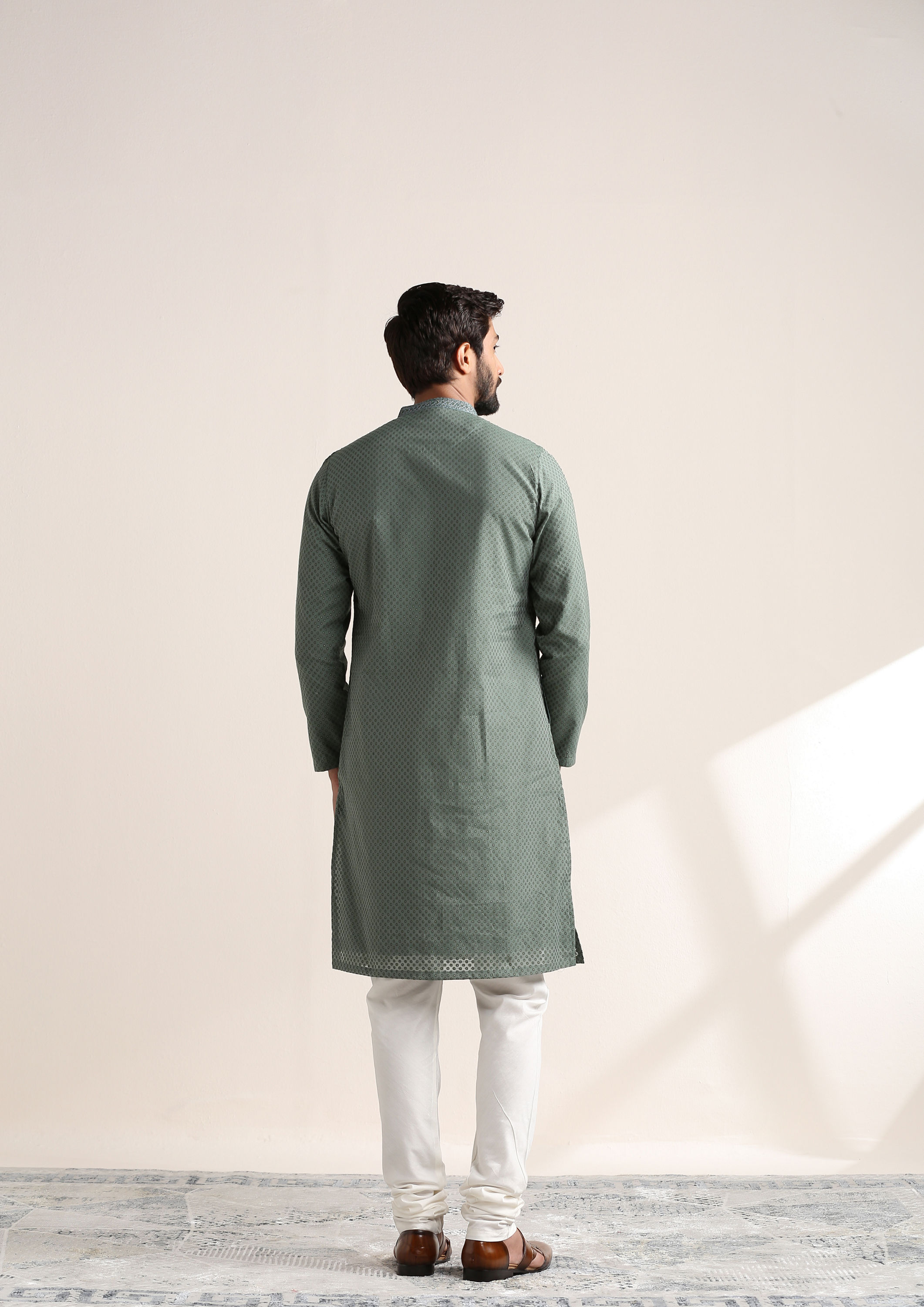 Twamev Men Gossamer Green Jacquard Patterned Kurta Set
