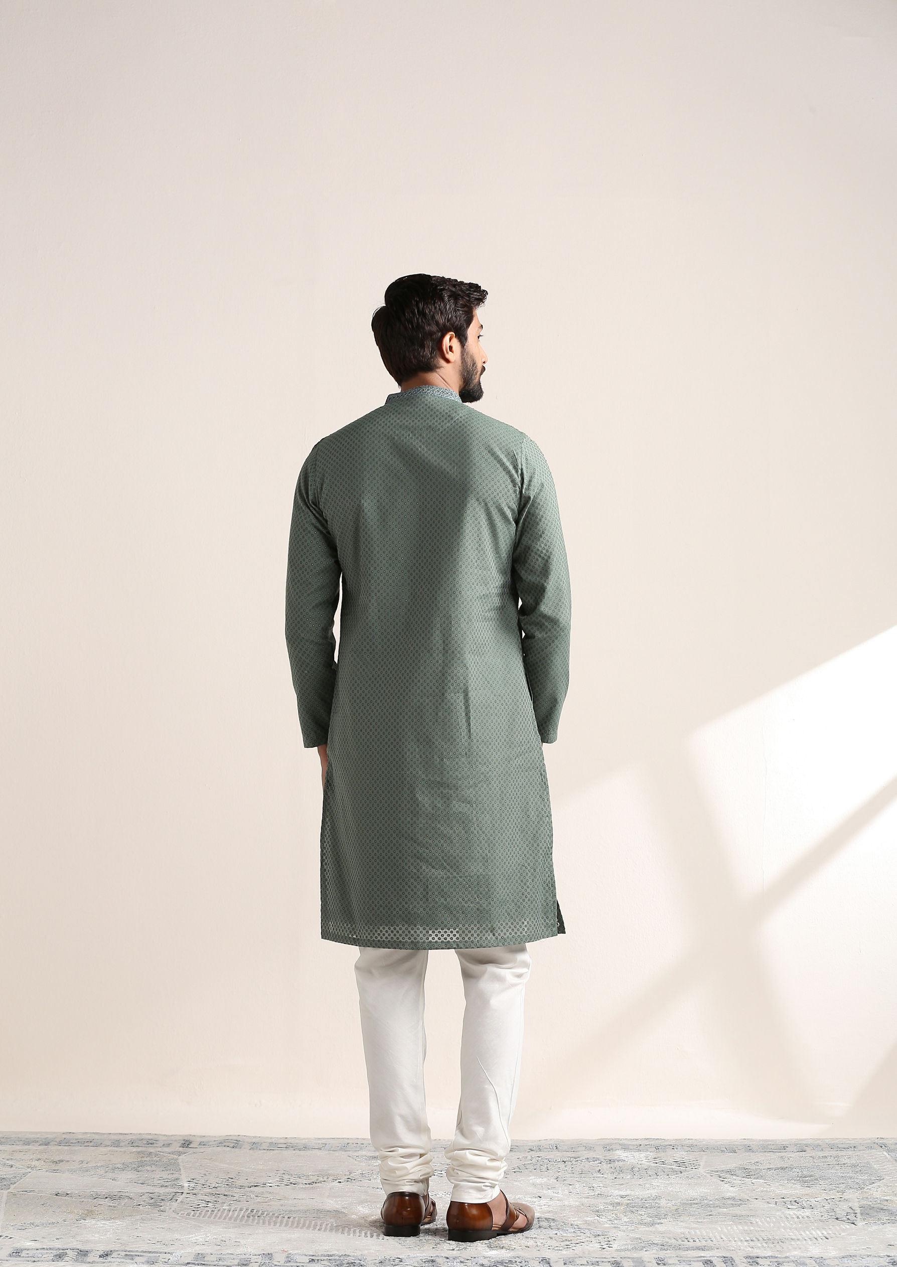 Twamev Men Gossamer Green Jacquard Patterned Kurta Set