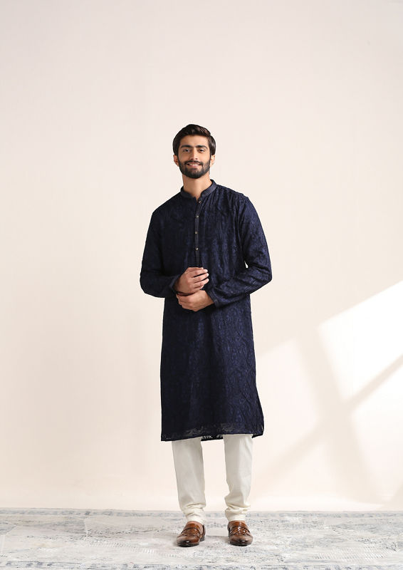 Twamev Men Midnight Blue Self Patterned Kurta Set