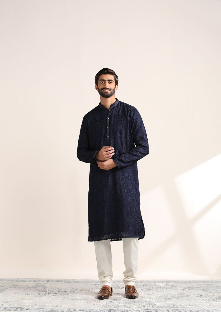 Twamev Men Midnight Blue Self Patterned Kurta Set