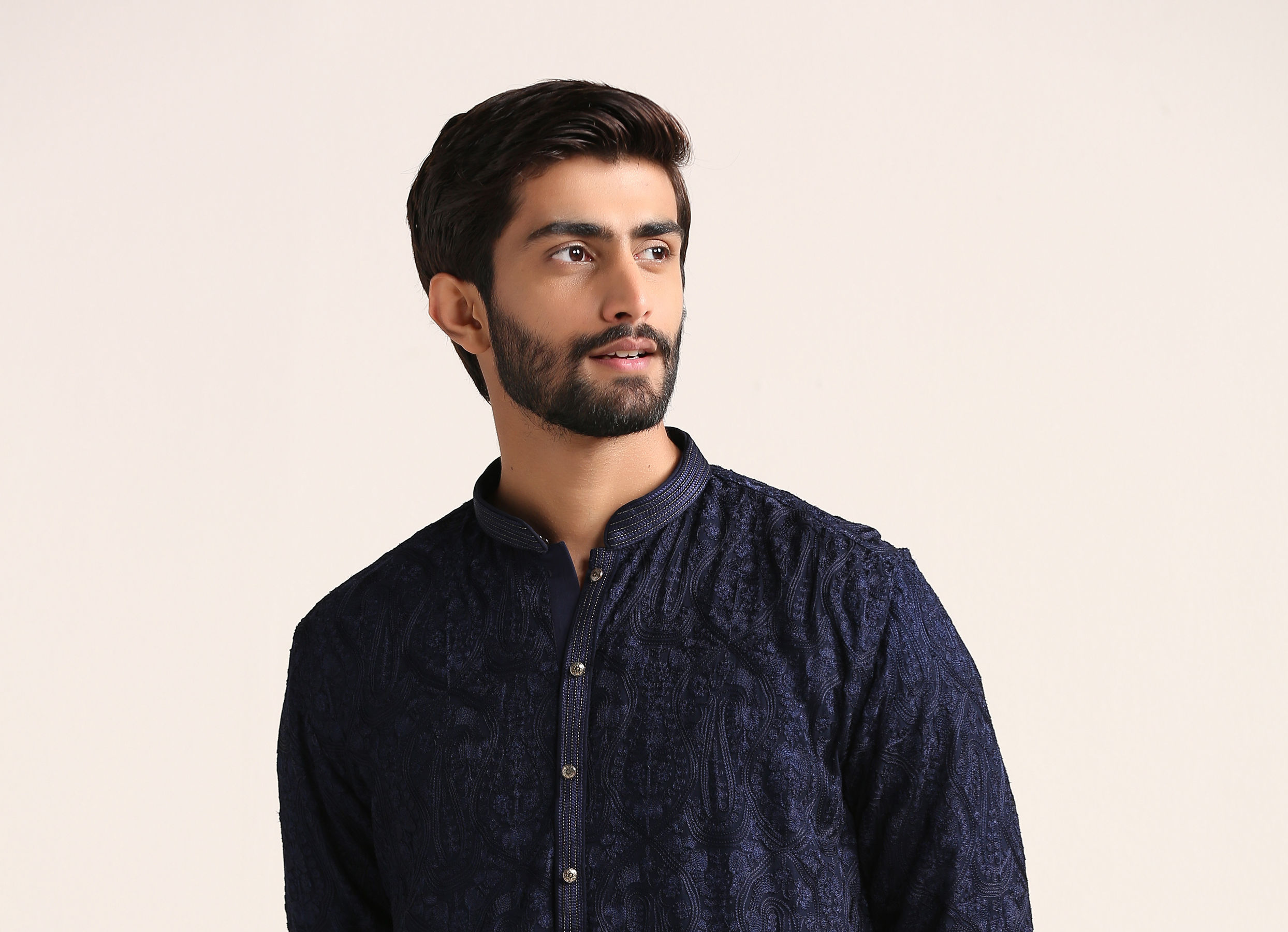 Twamev Men Midnight Blue Self Patterned Kurta Set