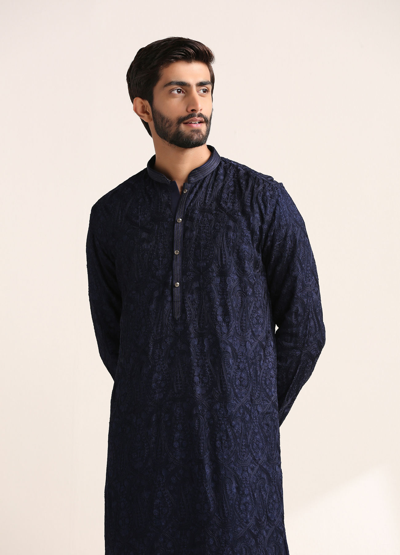 Twamev Men Midnight Blue Self Patterned Kurta Set