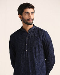Twamev Men Midnight Blue Self Patterned Kurta Set