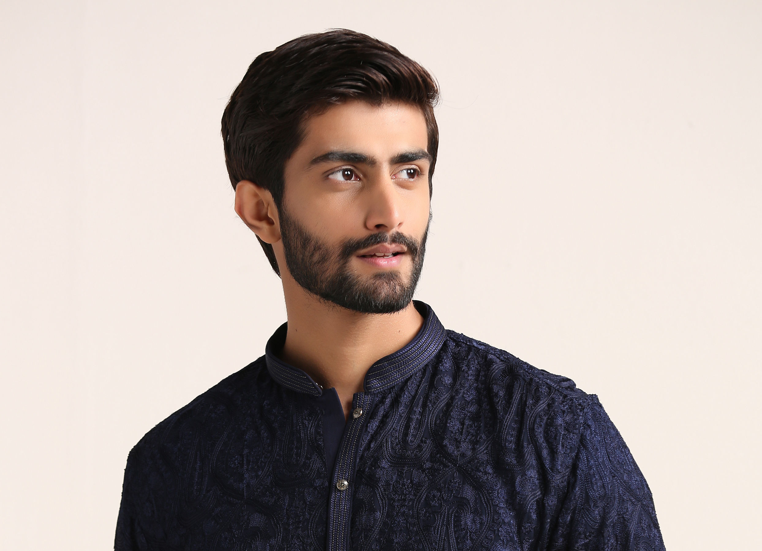 Twamev Men Midnight Blue Self Patterned Kurta Set