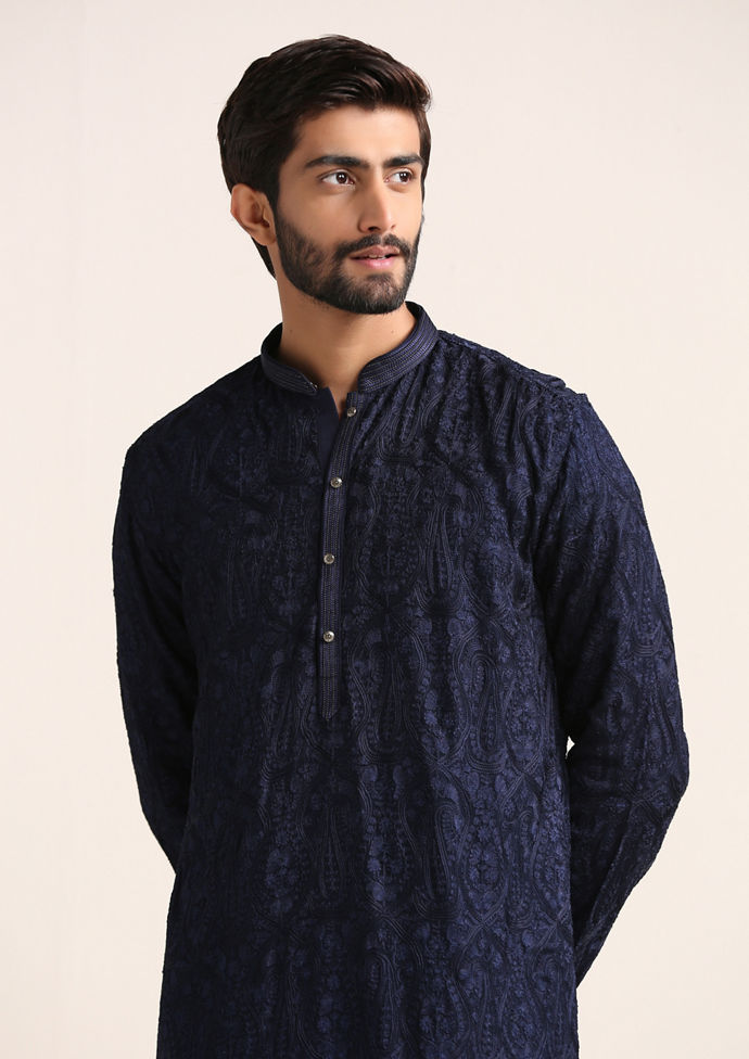 Twamev Men Midnight Blue Self Patterned Kurta Set