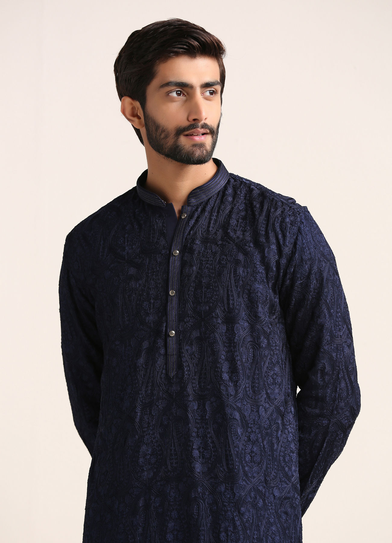 Twamev Men Midnight Blue Self Patterned Kurta Set