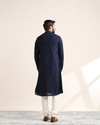 Twamev Men Midnight Blue Self Patterned Kurta Set