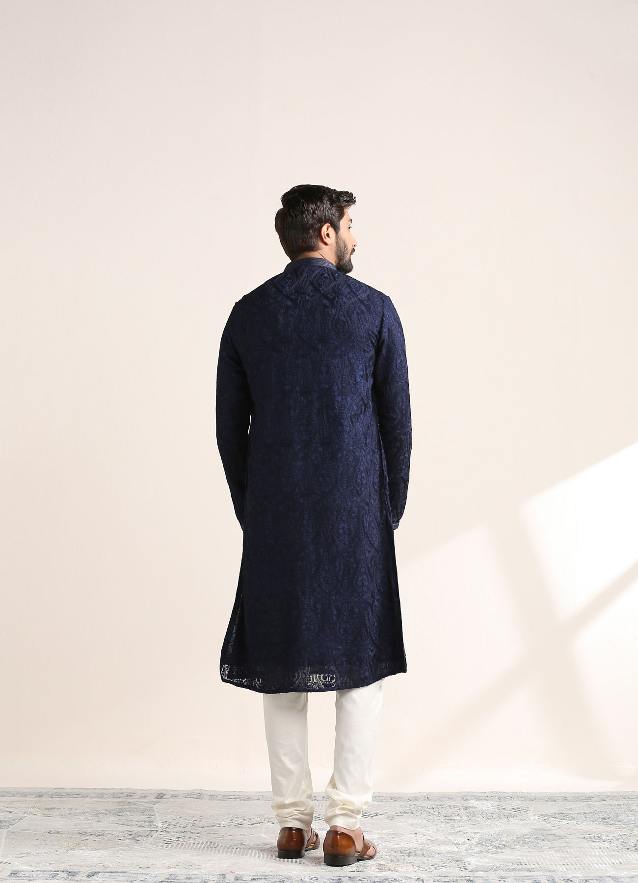 Twamev Men Midnight Blue Self Patterned Kurta Set