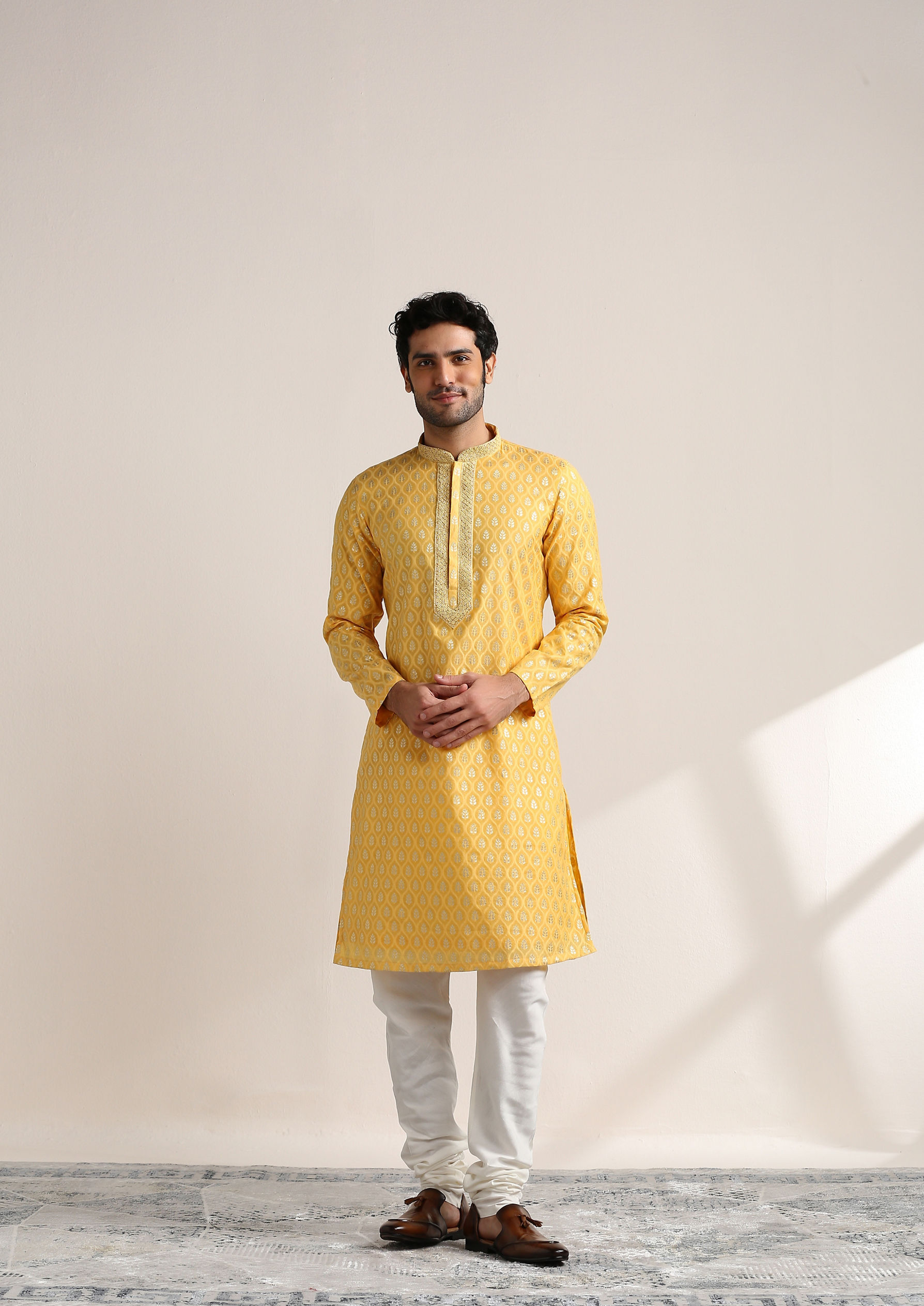 Twamev Men Golden Yellow Jacquard Patterned Kurta Set