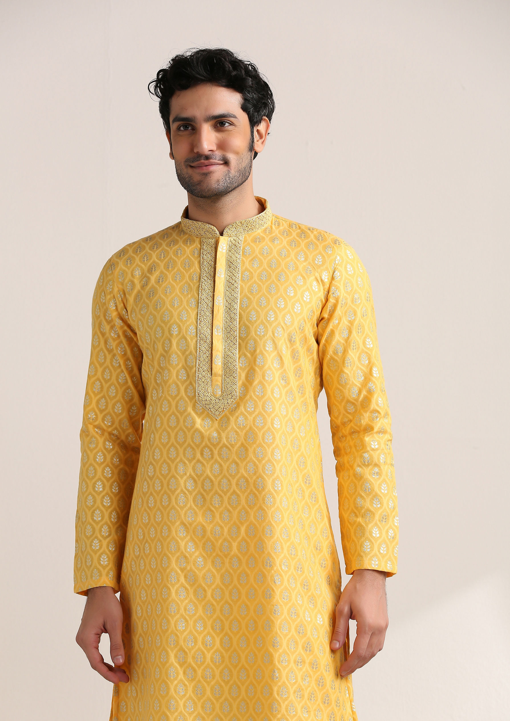 Twamev Men Golden Yellow Jacquard Patterned Kurta Set