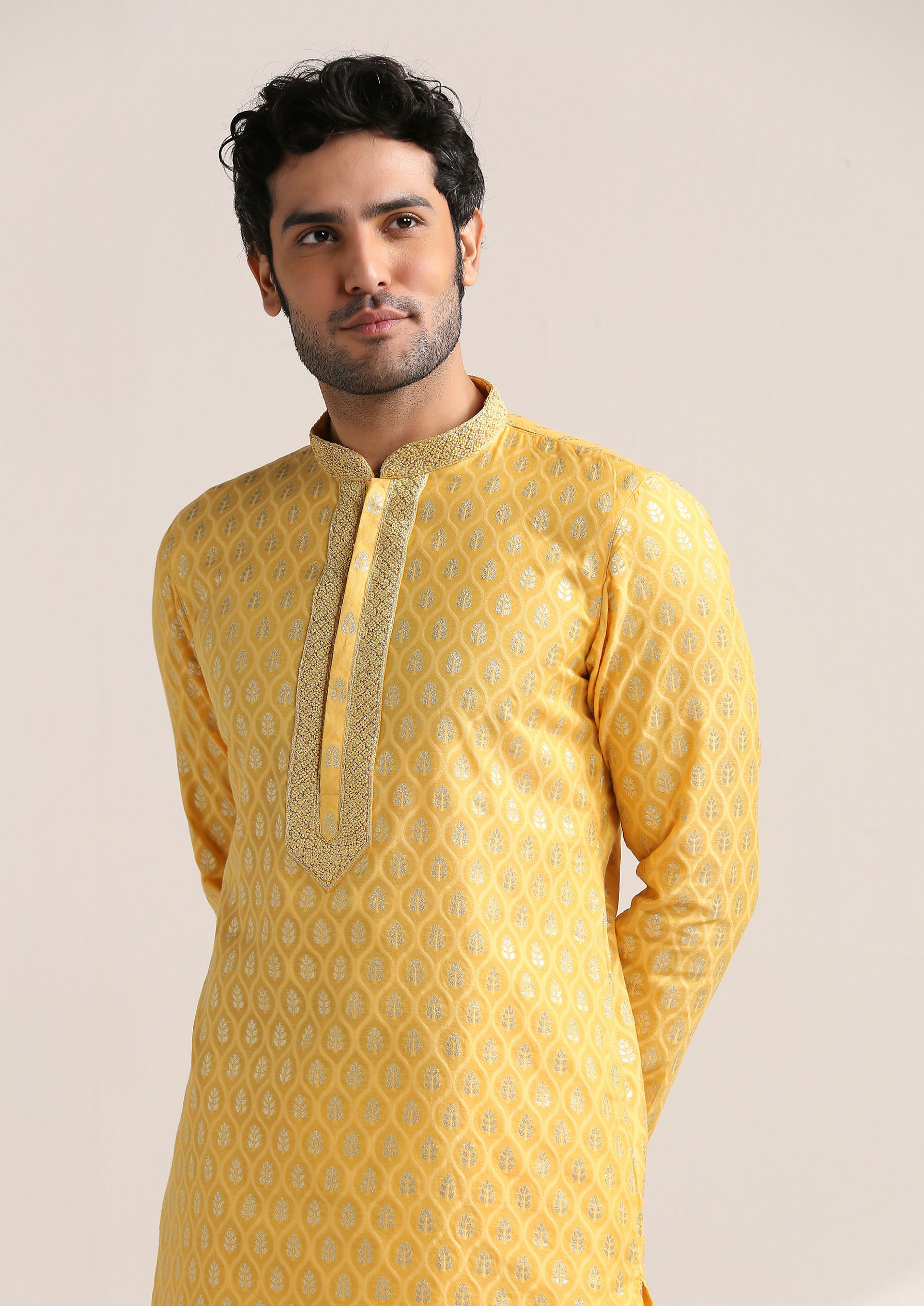 Twamev Men Golden Yellow Jacquard Patterned Kurta Set