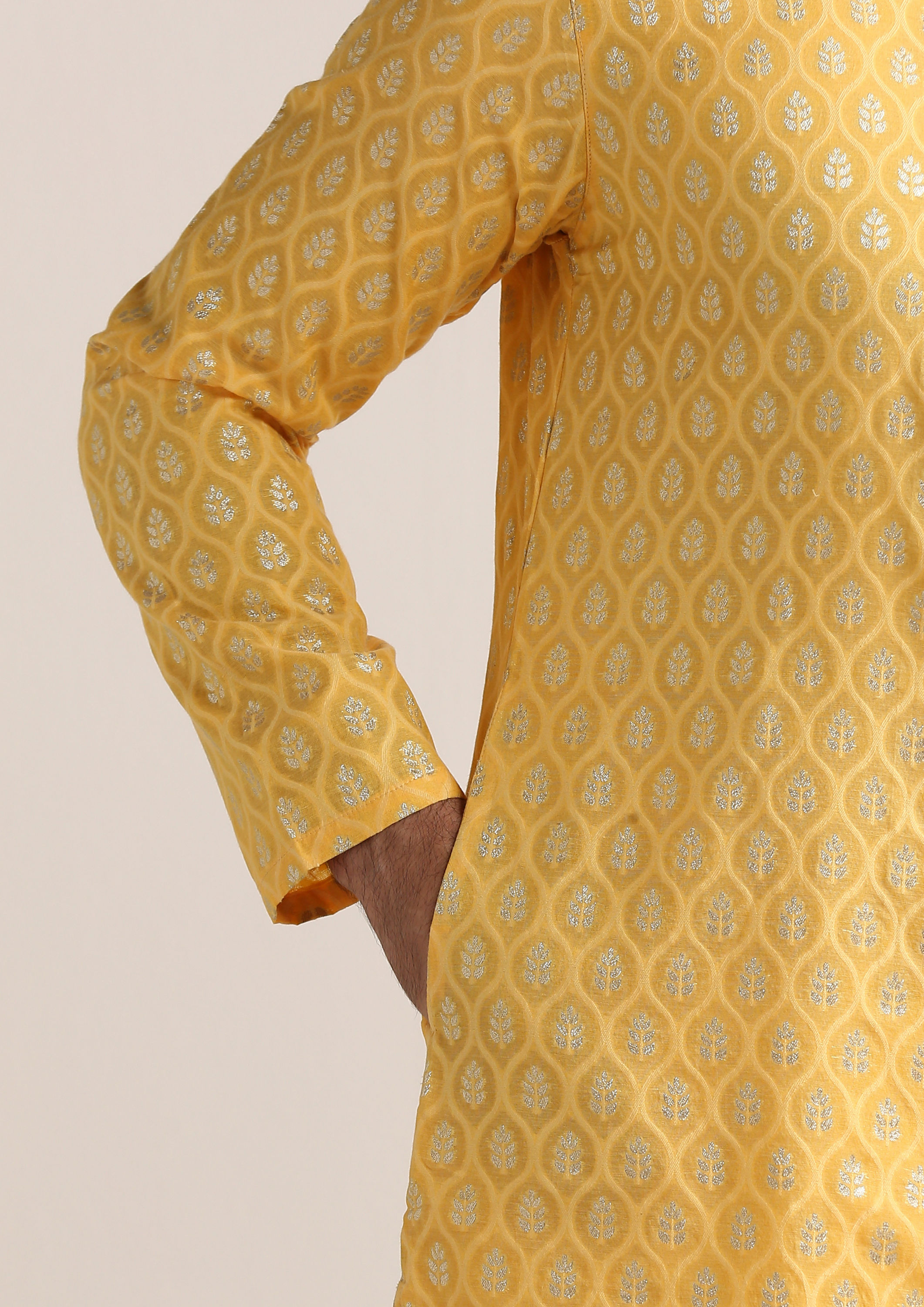 Twamev Men Golden Yellow Jacquard Patterned Kurta Set