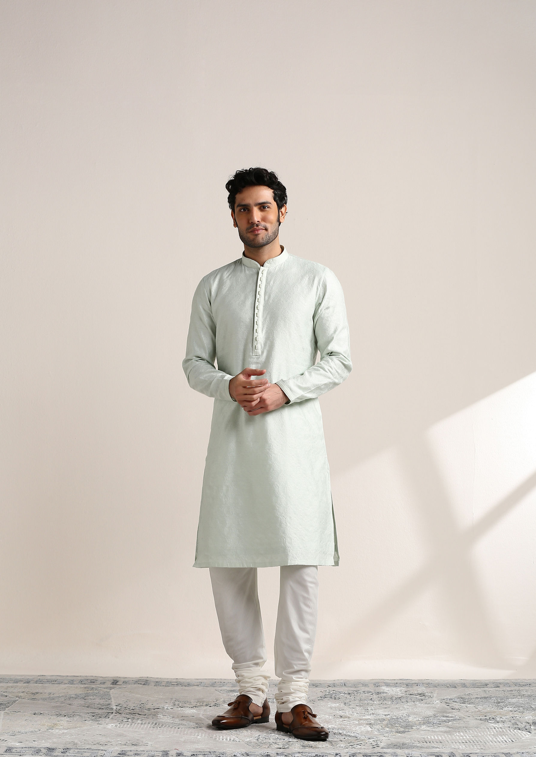 Twamev Men Delicate Blue Jacquard Patterned Kurta Set