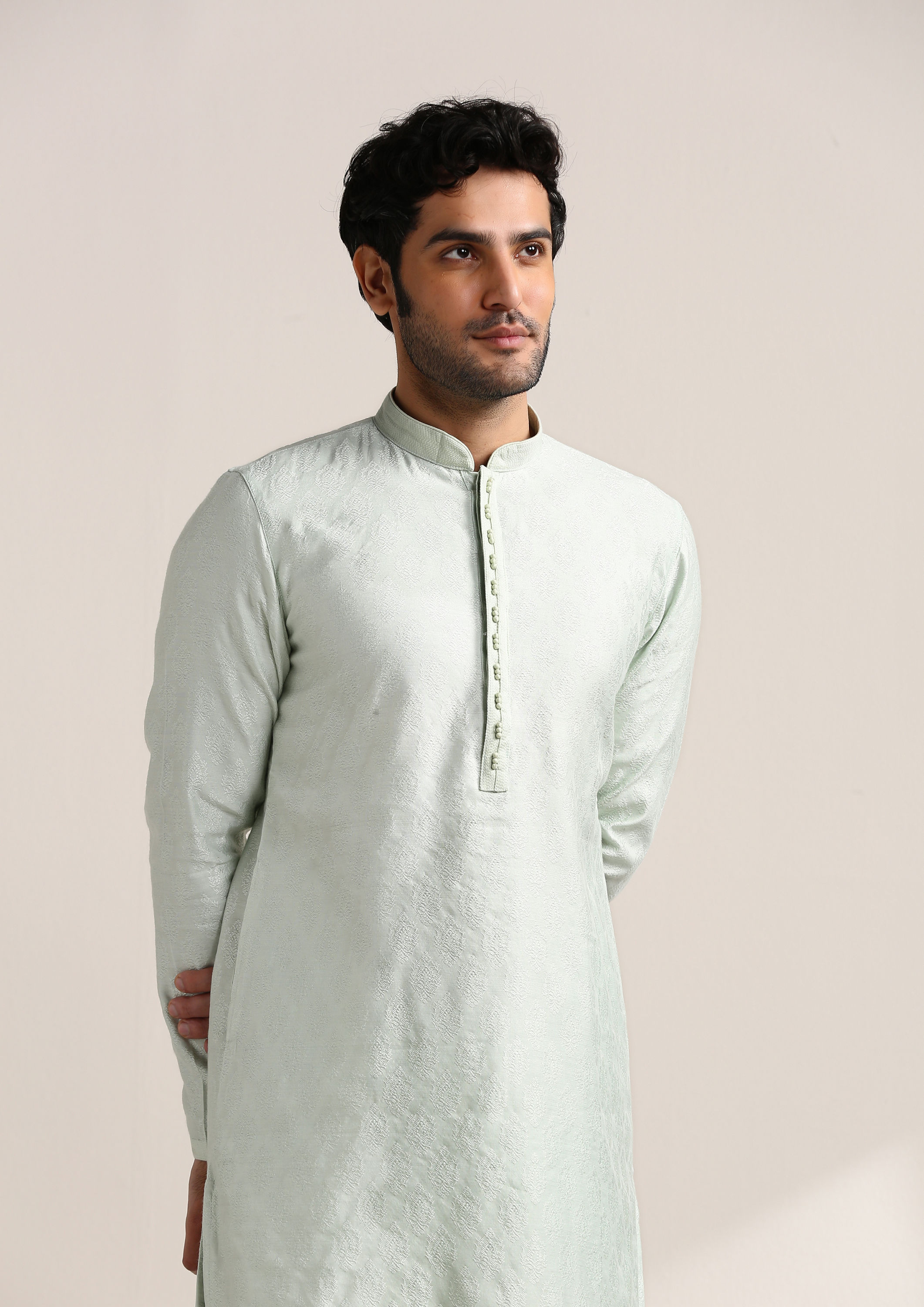 Twamev Men Delicate Blue Jacquard Patterned Kurta Set