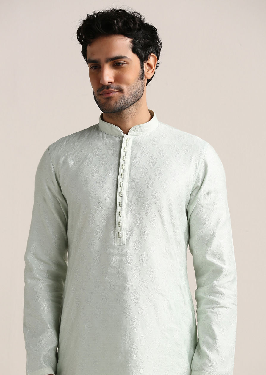 alt message - Twamev Men Delicate Blue Jacquard Patterned Kurta Set image number 1