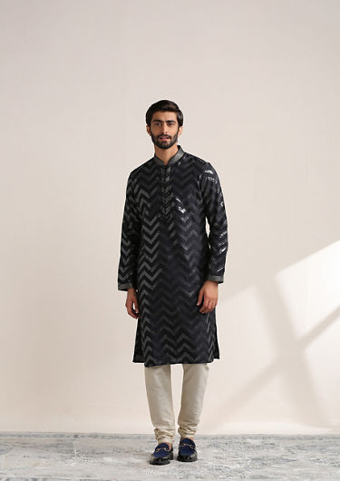 alt message - Twamev Men Navy Blue Sequin Embroidered Kurta Set image number 2