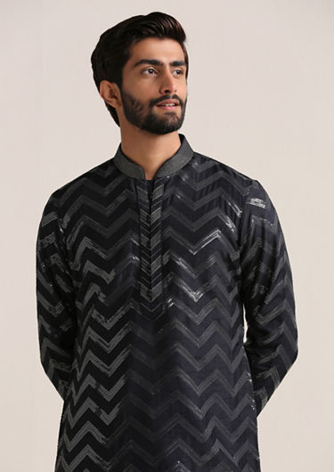 alt message - Twamev Men Navy Blue Sequin Embroidered Kurta Set image number 0