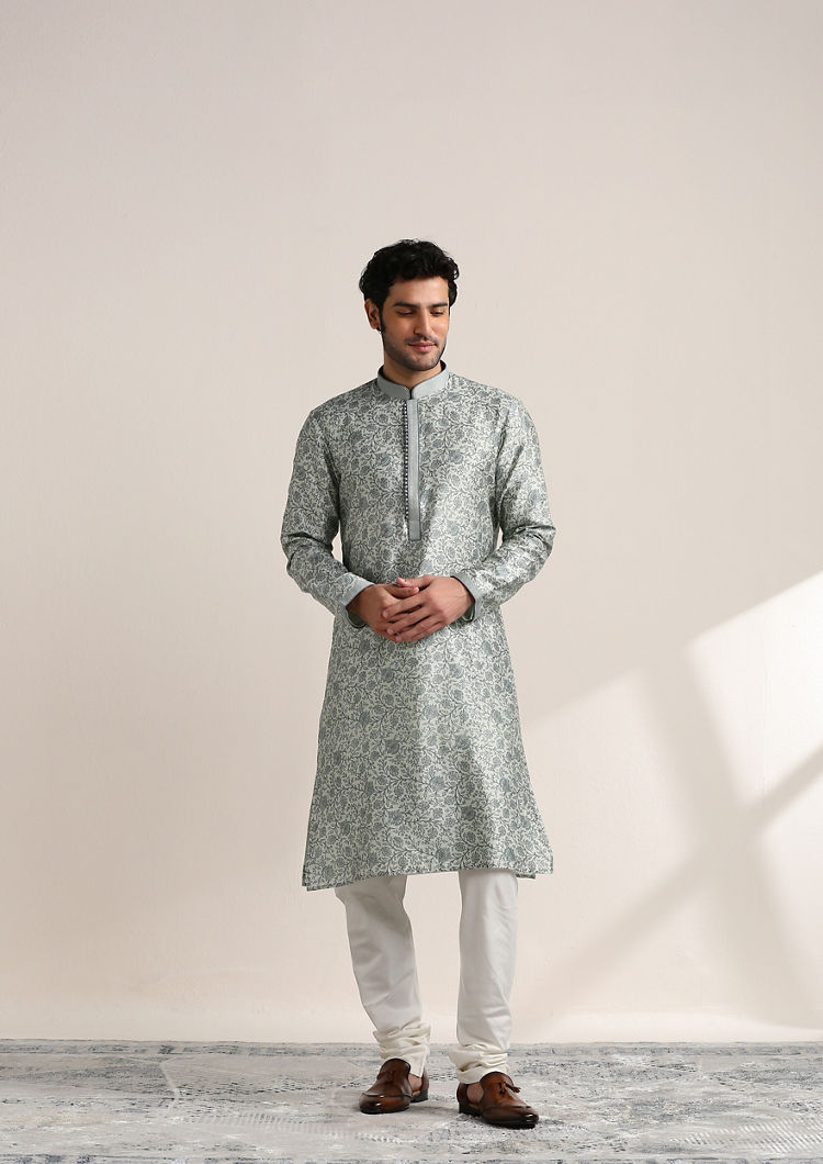 Twamev Men Pearl River Grey Printed Kurta Set image number 2