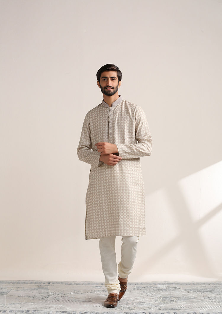 Twamev Men Sand Beige Printed Kurta Set
