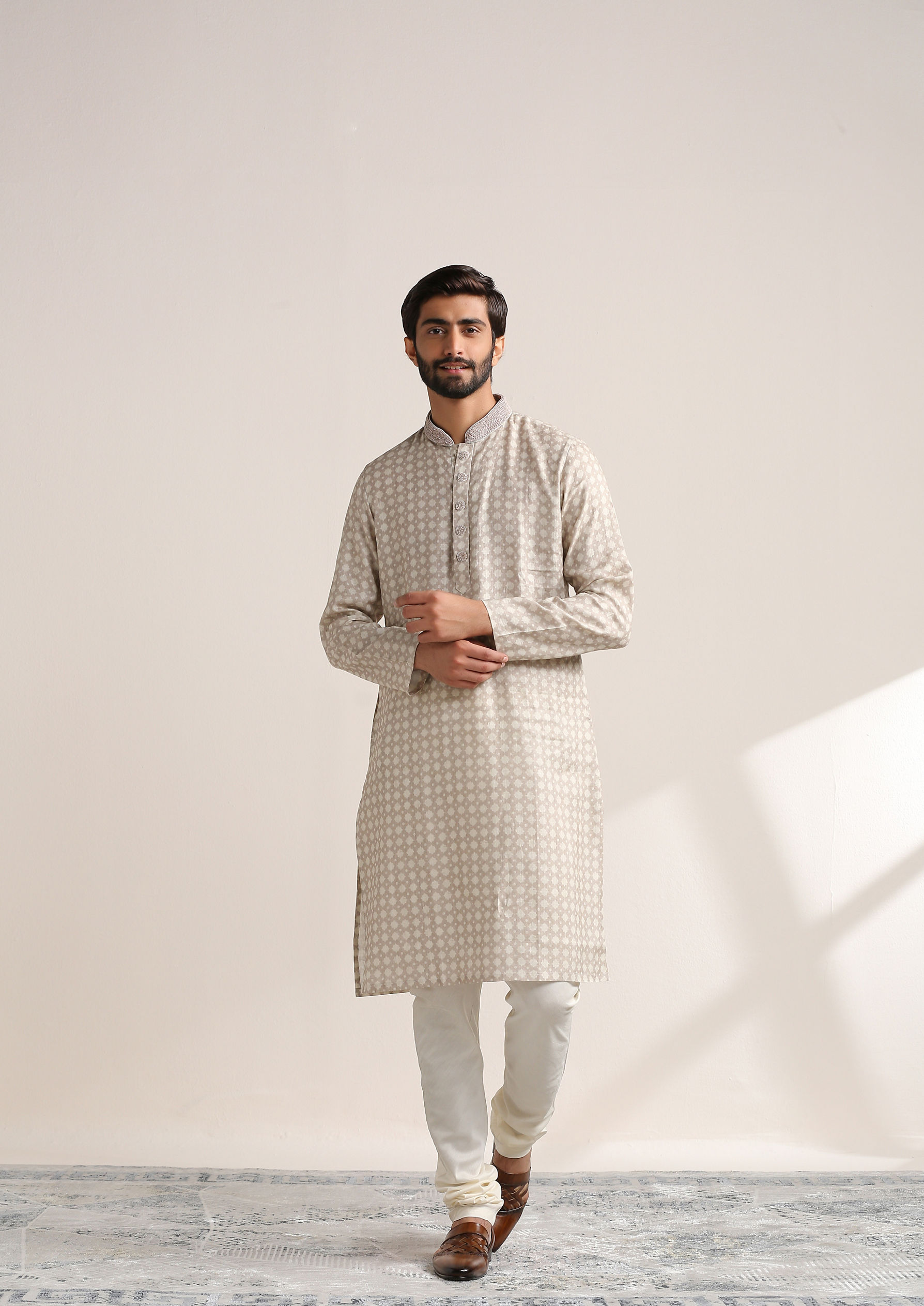 Twamev Men Sand Beige Printed Kurta Set