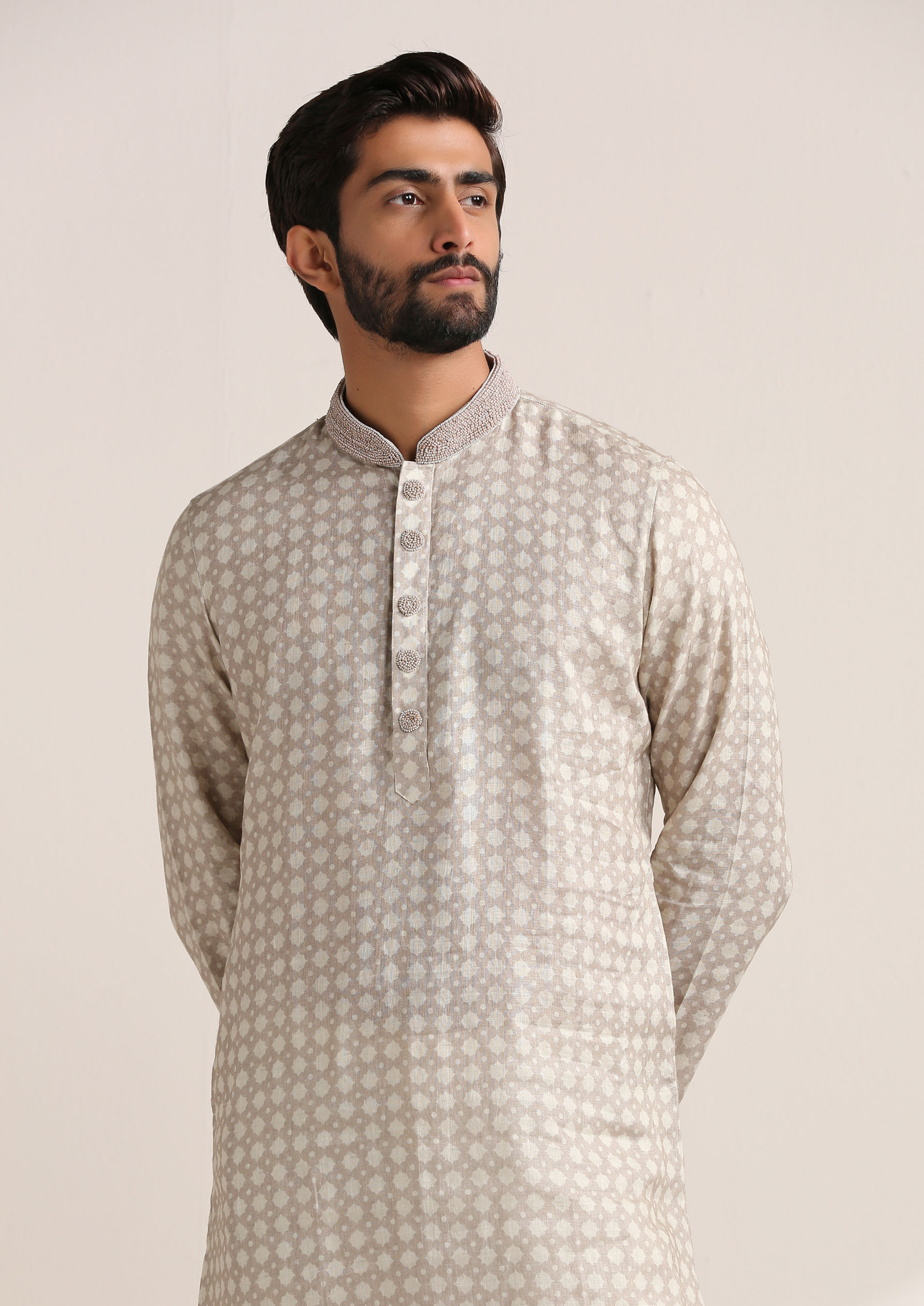 Twamev Men Sand Beige Printed Kurta Set
