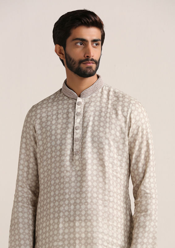 Twamev Men Sand Beige Printed Kurta Set
