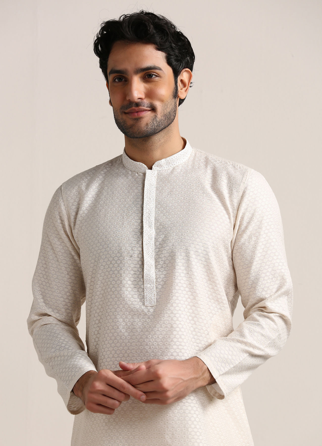 Manyavar Men White Booti Self Motif Kurta Pajama