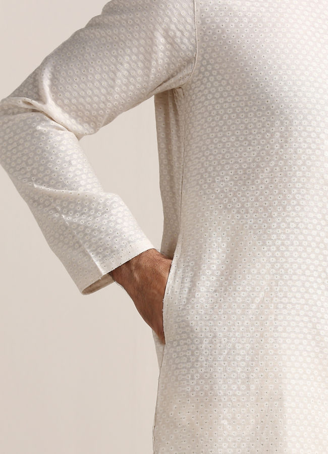 Manyavar Men White Booti Self Motif Kurta Pajama
