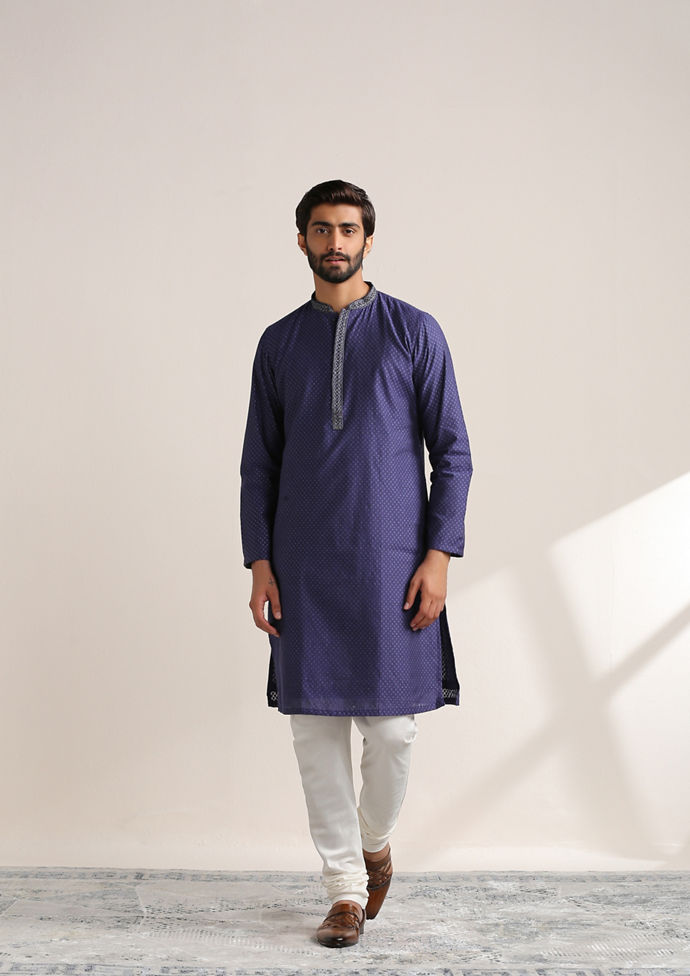 Twamev Men Deep Blue Jacquard Patterned Kurta Set