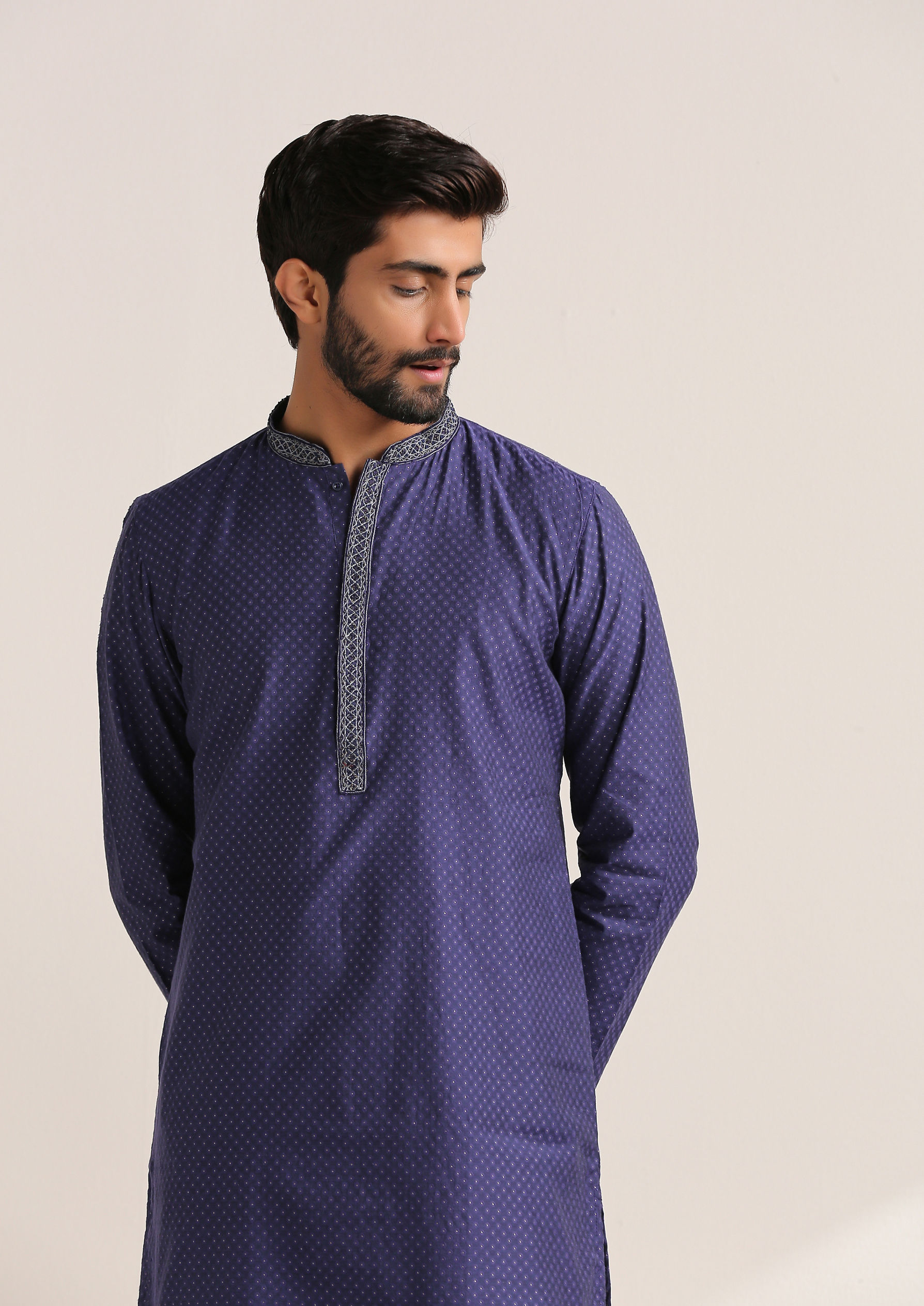 Twamev Men Deep Blue Jacquard Patterned Kurta Set