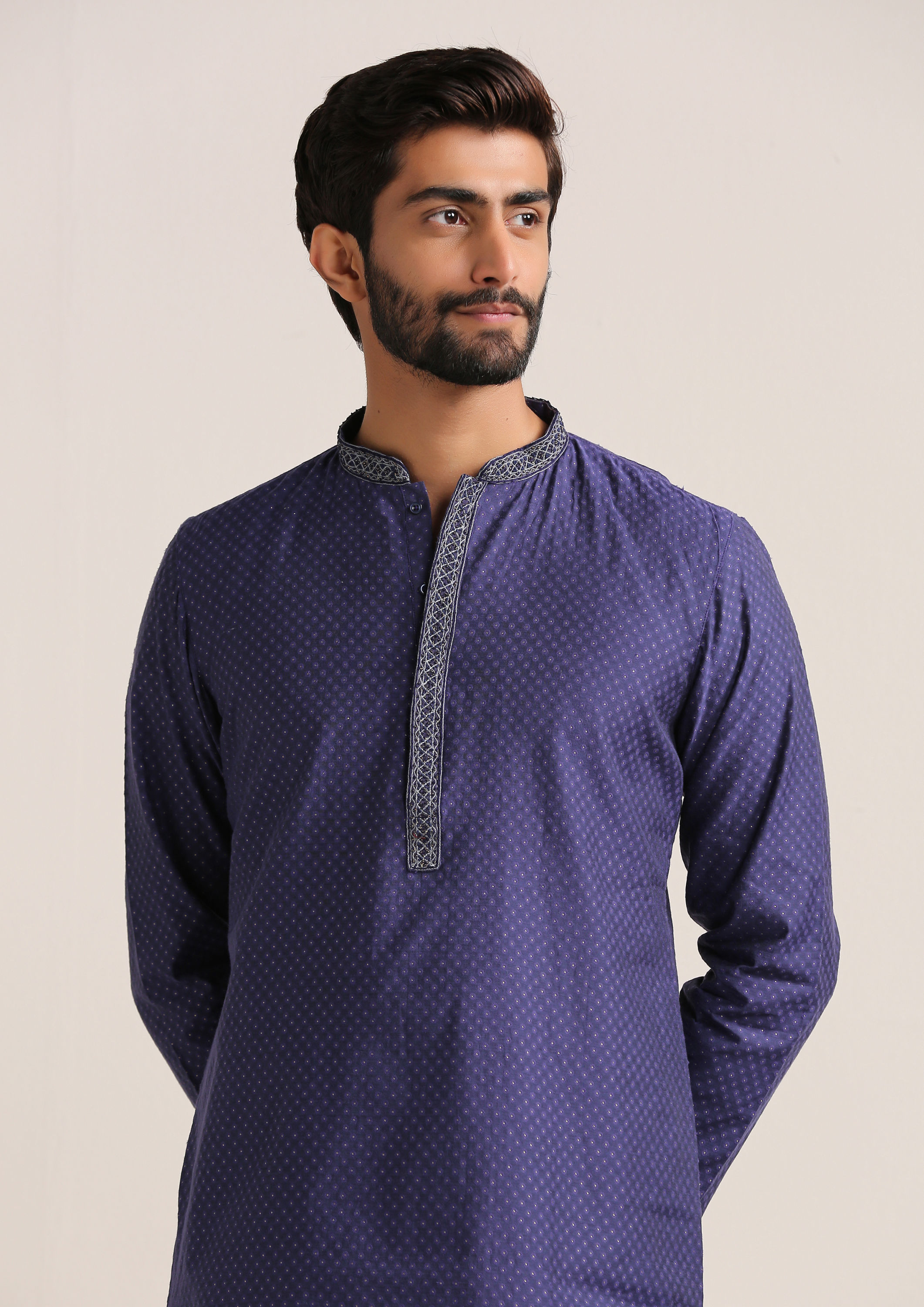 Twamev Men Deep Blue Jacquard Patterned Kurta Set