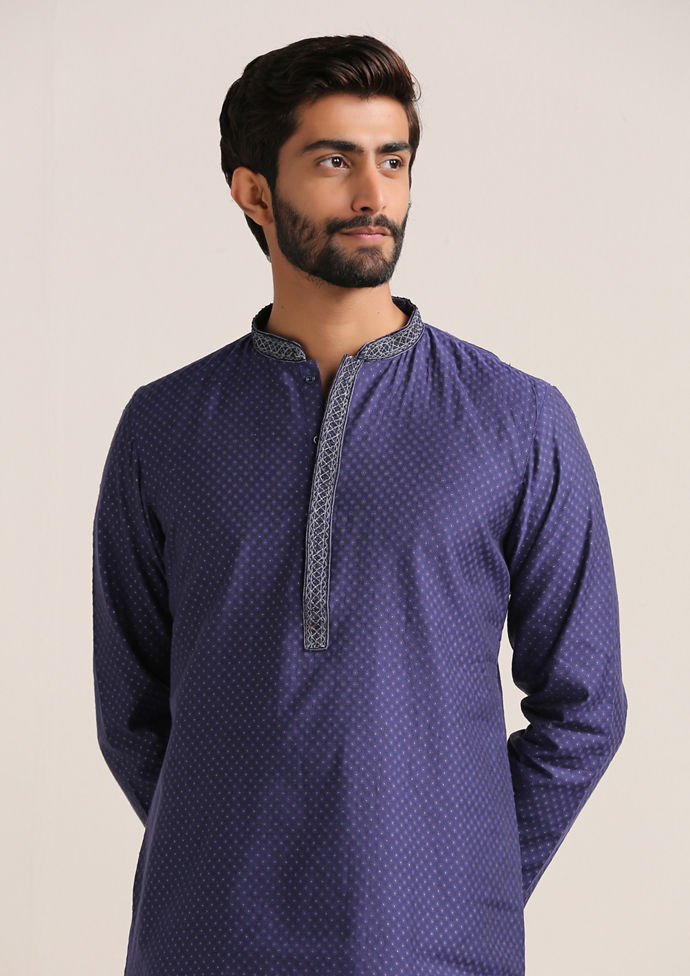 Twamev Men Deep Blue Jacquard Patterned Kurta Set