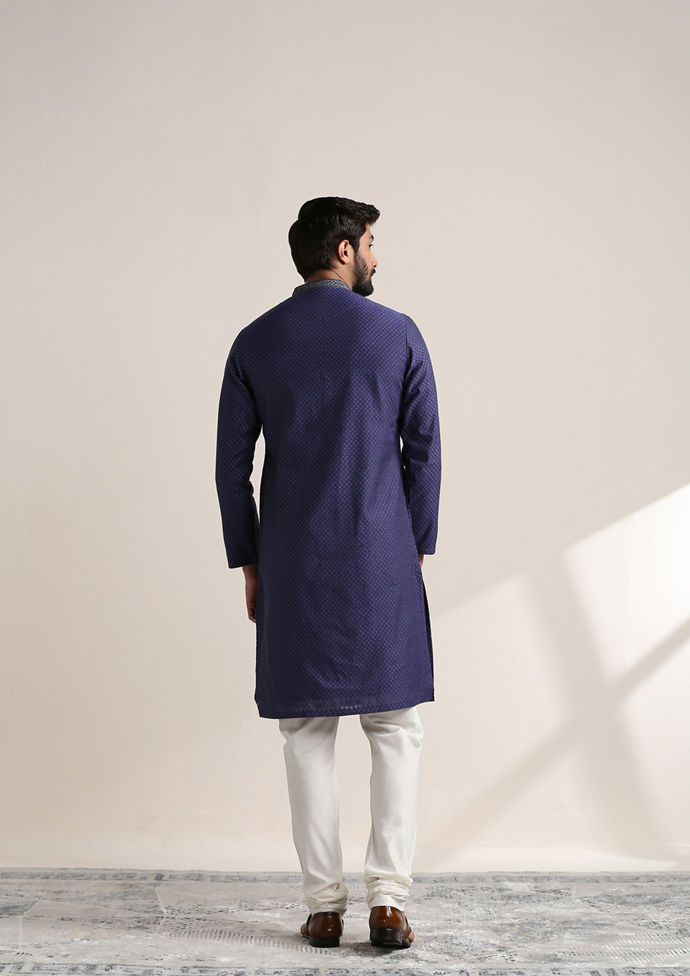 Twamev Men Deep Blue Jacquard Patterned Kurta Set