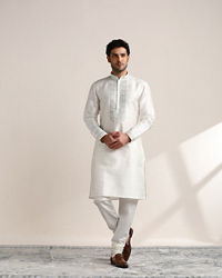 Twamev Men Pure White Embroidered Neck Kurta Set