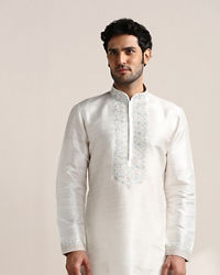 Twamev Men Pure White Embroidered Neck Kurta Set