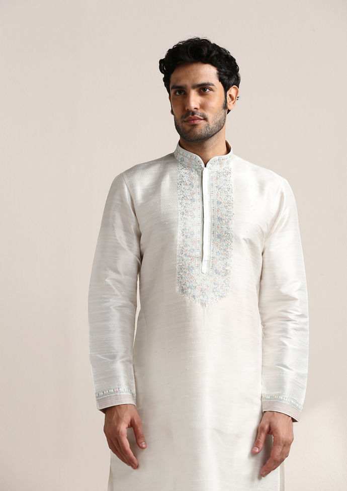 Twamev Men Pure White Embroidered Neck Kurta Set