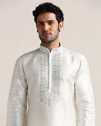Twamev Men Pure White Embroidered Neck Kurta Set