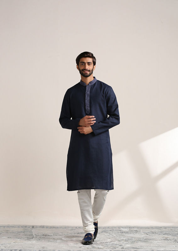 alt message - Twamev Men Navy Blue Embroidered Placket Kurta Set image number 2