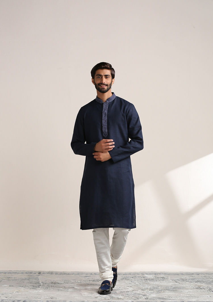 Twamev Men Navy Blue Embroidered Placket Kurta Set