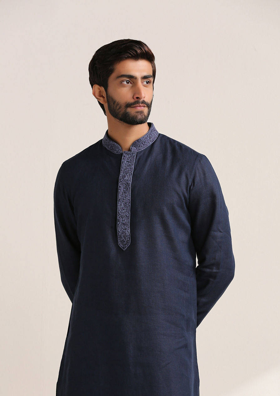 alt message - Twamev Men Navy Blue Embroidered Placket Kurta Set image number 0