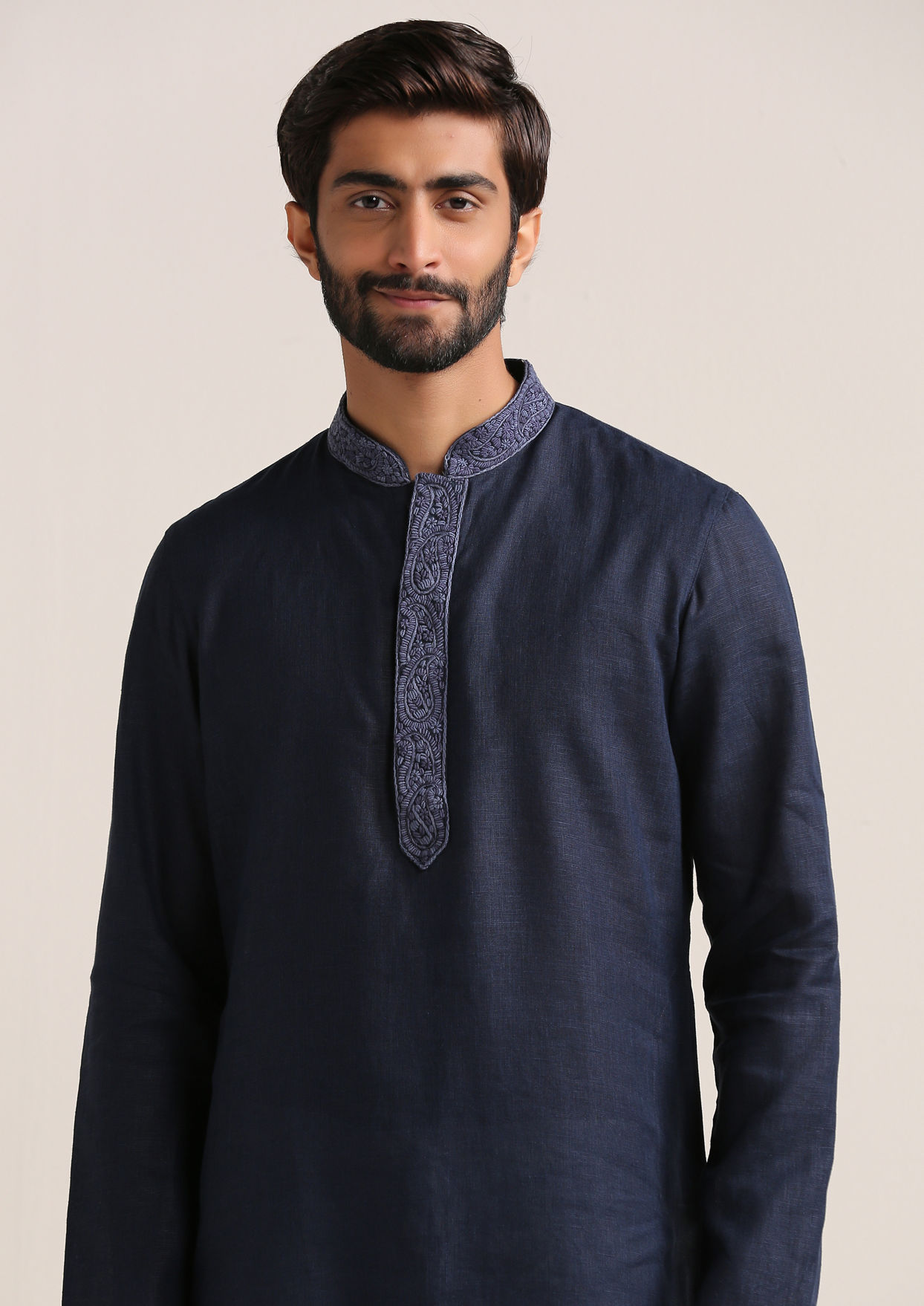 alt message - Twamev Men Navy Blue Embroidered Placket Kurta Set image number 1