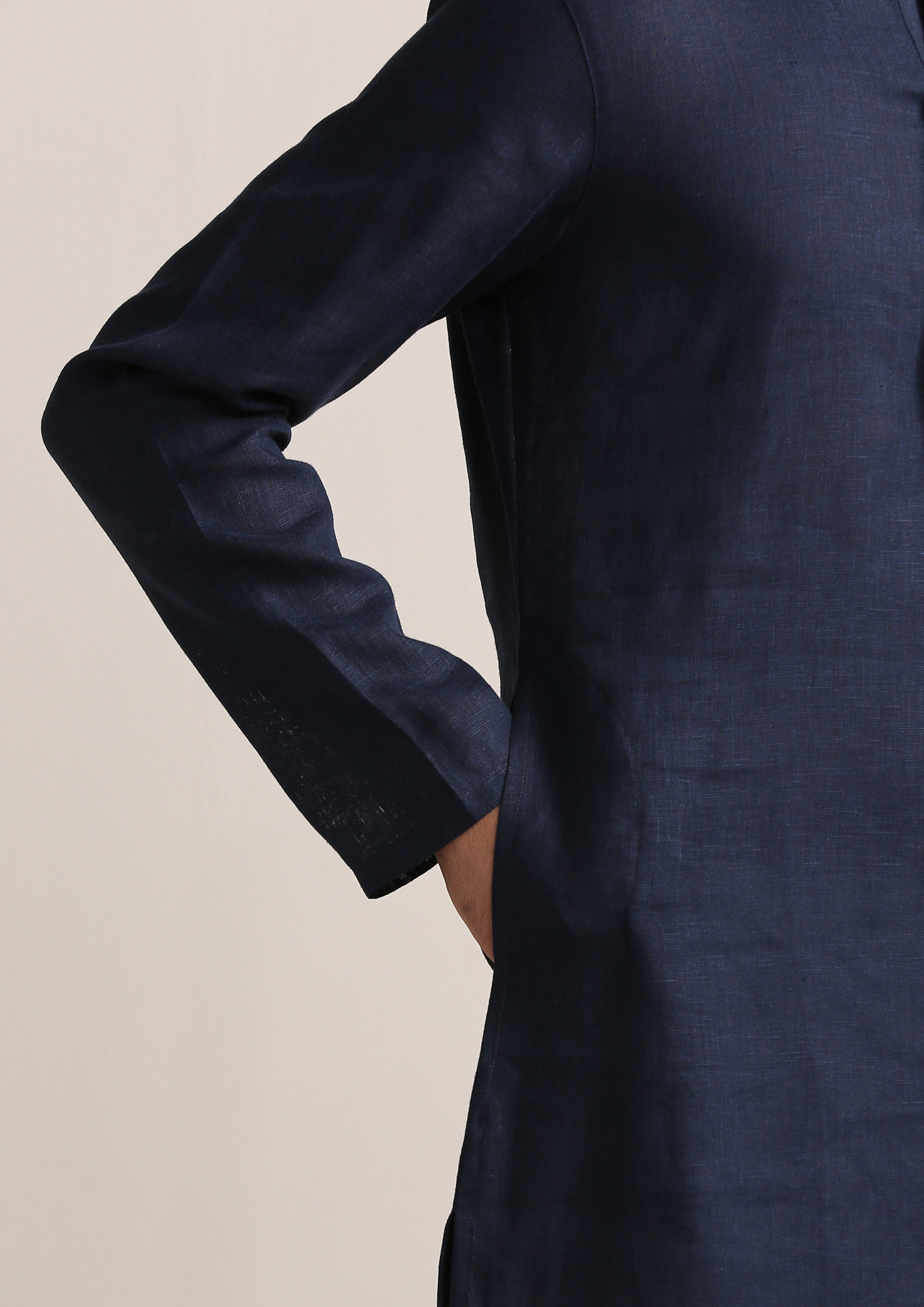 Twamev Men Navy Blue Embroidered Placket Kurta Set