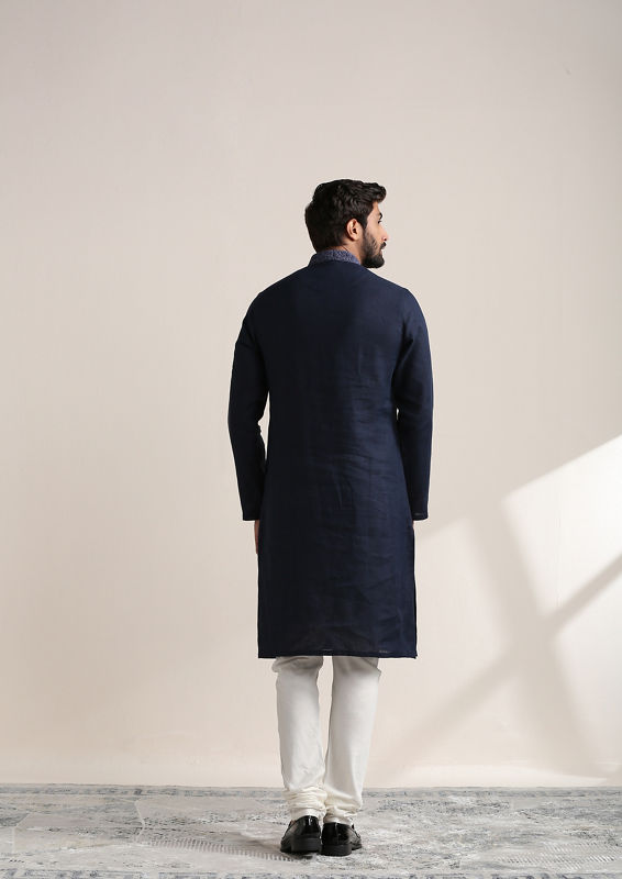 Twamev Men Navy Blue Embroidered Placket Kurta Set