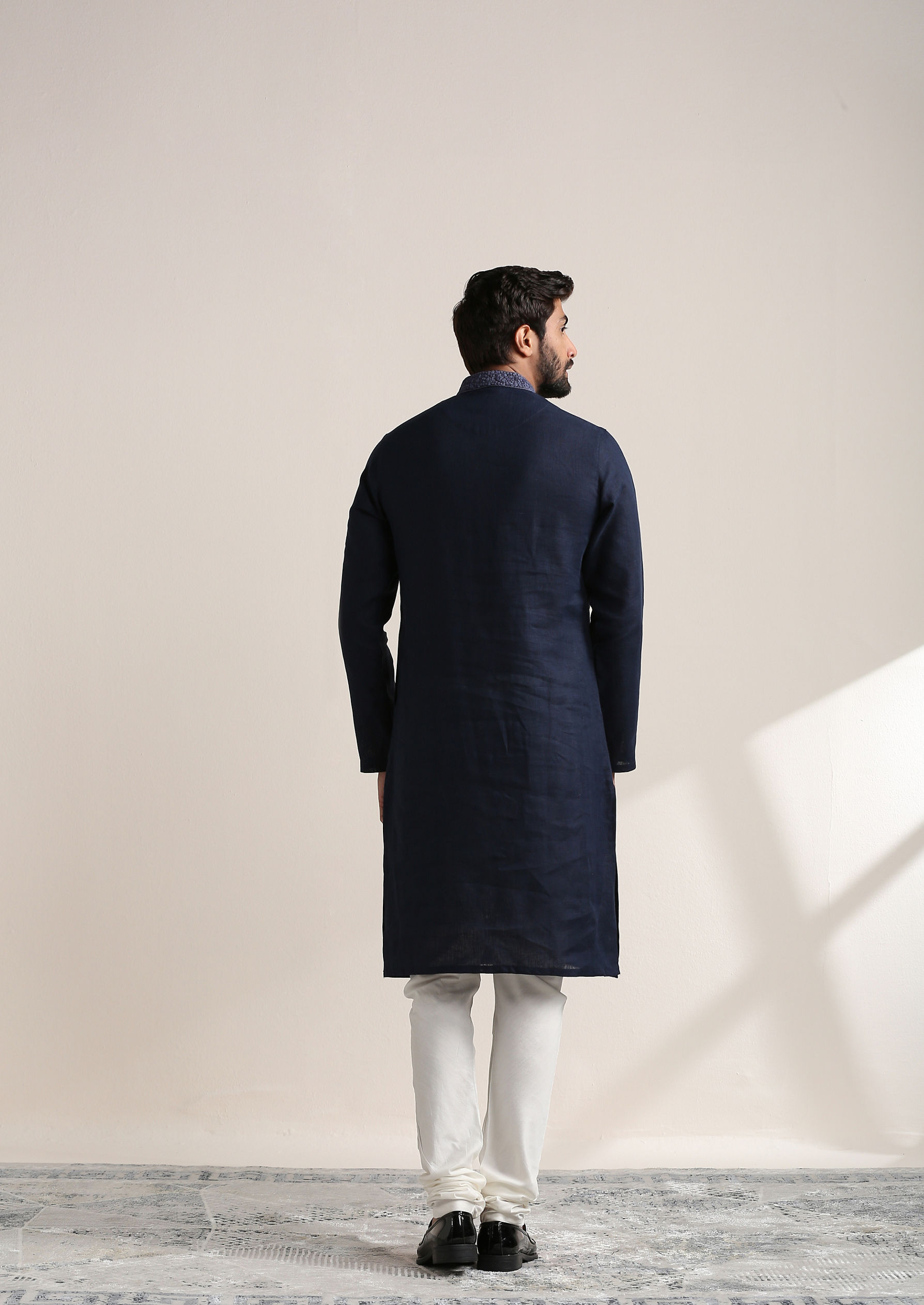 Twamev Men Navy Blue Embroidered Placket Kurta Set
