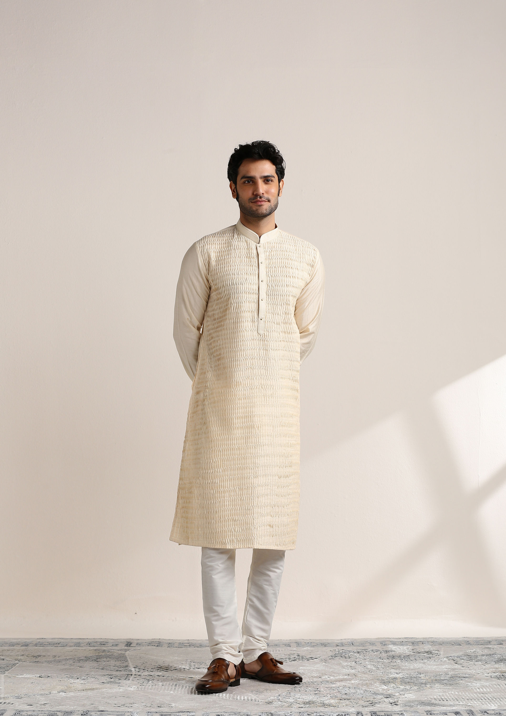 Twamev Men Buttercream Pleated Textured Kurta Set