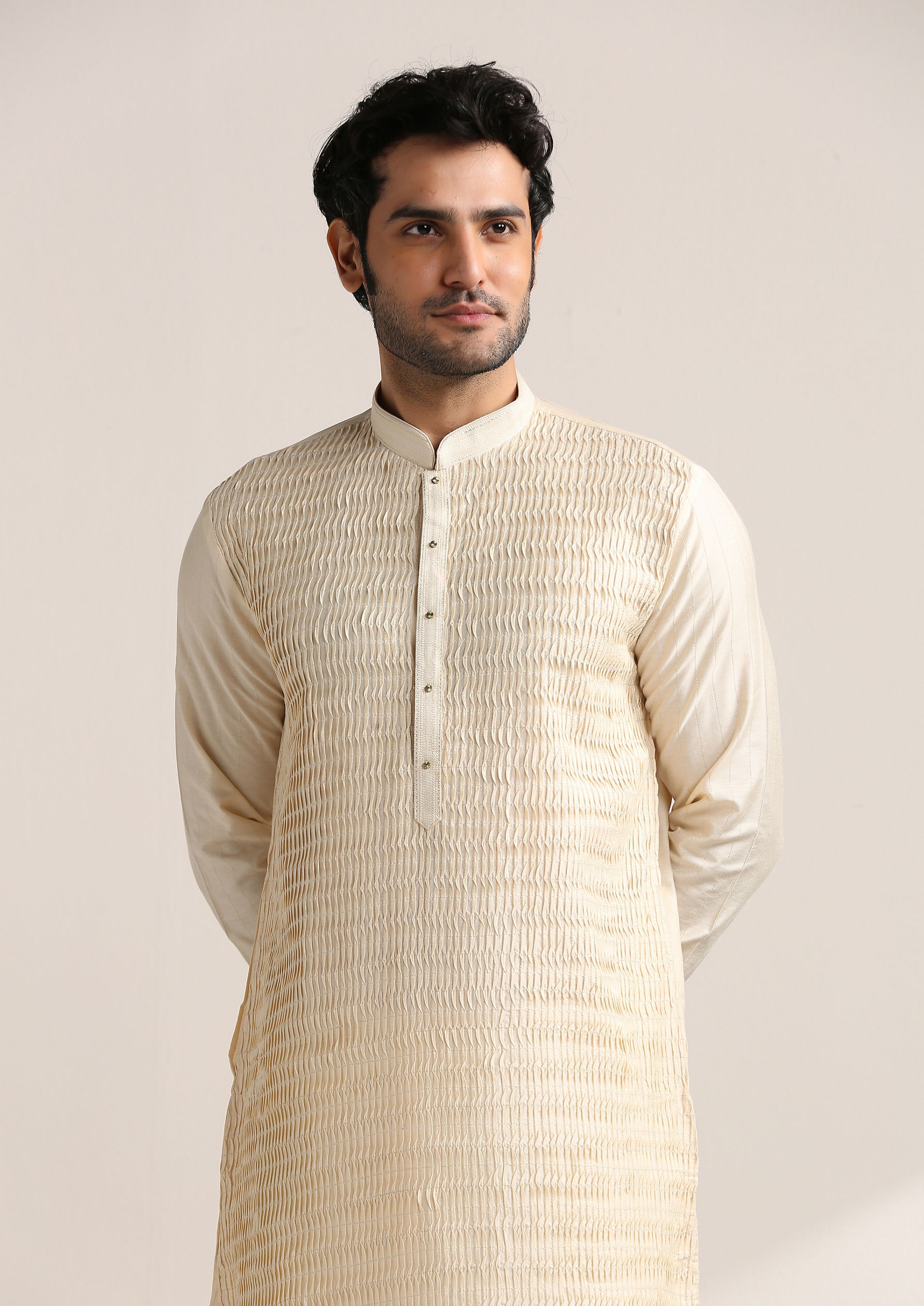 Twamev Men Buttercream Pleated Textured Kurta Set