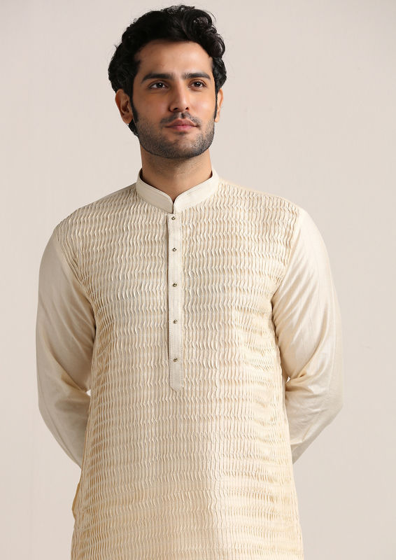 Twamev Men Buttercream Pleated Textured Kurta Set